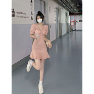 GOCHIEI短款連衣裙女2025新款時(shí)尚荷葉邊修身收腰方領(lǐng)小個(gè)子A字包臀裙潮 粉色 S