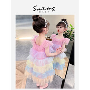 mlgt kids童裝女童連衣裙2025夏季新款吊帶蓬蓬裙彩虹禮服蛋糕公主裙 粉紅色 140