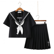 JK【JK制服官方】| 十字玫瑰 | 日系正統(tǒng)不良JK制服裙雙排扣黑二本 短袖上衣+短的裙(送金魚結(jié)+小襪) S
