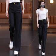 定原天絲棉窄版闊腿褲女2025夏季高腰垂墜感顯瘦拖地通勤氣質(zhì)休閑褲子 黑色長(zhǎng)褲【贈(zèng)腰帶】 XL /29【推薦115-125斤】