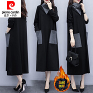 皮爾卡丹（pierre cardin）加絨加厚女裝春秋裝新款高領(lǐng)連衣裙寬松顯瘦過膝長裙女小個子女裝 黑色【秋冬款加-絨加-厚款】 L 【建議80-100斤】