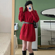 燕潯連衣裙女秋冬新款2025女裝小個(gè)子加厚保暖毛衣裙中長(zhǎng)款針織裙子女 紅色(帶腰帶) 均碼 建議85-135斤