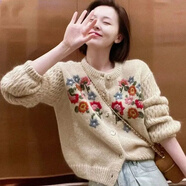 予瑾高端歐貨重工洋氣小個子刺繡小花朵針織毛衣外套小香風秋冬季女裝 重工刺繡花朵開衫 S 建議80-100斤