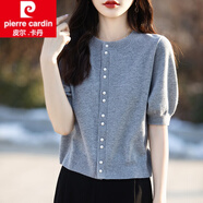皮爾卡丹（pierre cardin）法式針織開衫短袖女精致珍珠紐扣圓領(lǐng)半袖春夏寬松毛衣外套女裝夏 灰色 XL