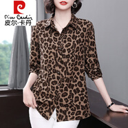 皮爾卡丹（pierre cardin）中長(cháng)款長(cháng)袖雪紡襯衫女2025新款秋裝豹紋襯衣開(kāi)衫寬松大碼洋氣上衣 棕咖色 3XL (適合145-165斤)