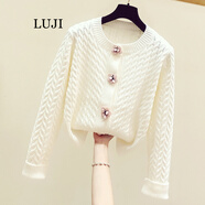 陸際（LUJI）針織衫 2021秋冬新款韓版毛衣女潮牌甜美百搭花朵單排扣圓領(lǐng)長(cháng)袖開(kāi)衫短外套春 米白色 S