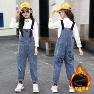 雷公仔童裝女童牛仔背帶褲2025春秋季兒童褲子春秋裝洋氣中大童女孩長褲 91058加絨 120