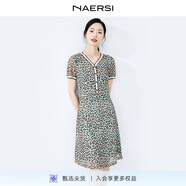 娜爾思（NAERSI）時(shí)尚豹紋印花v領(lǐng)顯瘦收腰連衣裙新款通勤裙 灰孔雀藍(lán)色 L 40
