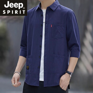 JEEP SPIRIT工裝襯衫春秋男士長(cháng)袖外穿七分袖休閑寬松襯衣夾克外套男裝茄克衫 藏青【三個(gè)口袋七分袖】 M