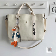 喜凡你拉鏈原創(chuàng  )自制通勤加厚帆包文藝大學(xué)生手提書(shū)包電腦包單肩斜挎包 米白色+藍色草帽鴨