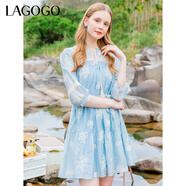 lagogo刺繡民族風(fēng)連衣裙女拉谷谷夏季新款泡泡袖小個(gè)子度假裙子 混色(Y0) S