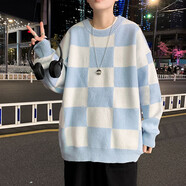 RAIN GULL2025春秋新款高領(lǐng)毛衣男韓版學(xué)生復(fù)古潮流寬松慵懶風(fēng)針織衫YXF 港風(fēng)大方格 藍(lán)色 L