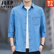 JEEP SPIRIT夏季100%純棉冰絲七分袖牛仔衣寬松襯衫男港風(fēng)薄款中袖外套潮 中藍色牛仔7分袖 純棉冰絲 L 建議115-130斤