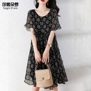 莎妮朵羅大碼女裝夏裝新品胖女人遮肚子顯瘦款印花收腰荷葉邊雪紡裙18036 黑色 3XL 建議175-190斤穿著