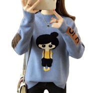 花陌田秋冬韓版百搭時(shí)尚圖案半高領(lǐng)套頭針織衫女保暖打底衫 卡通-藍色 M建議（90-110斤）