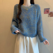 羅蒙（ROMON）針織衫女秋冬2025新款女裝設計感圓領加厚毛衣女小個子短款打底衫 藍色 L