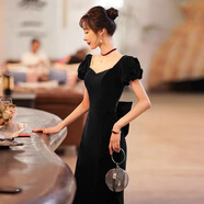 諾麗緹魚尾酒紅色敬酒服晚禮服女新娘修身氣質(zhì)2025新款宴會輕奢長款絲絨 黑色長款(無蝴蝶結) XL