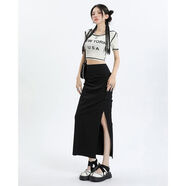 柒十念工裝半身裙女春夏季新款顯瘦開叉辣妹褶皺裙子高腰包臀裙大碼胖mm 黑色面料aa S  適合60-85斤