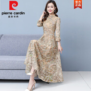 皮爾卡丹（pierre cardin）蕾絲旗袍連衣裙子女裝早春秋2025年新款長袖氣質(zhì)雪紡大擺長裙顯瘦 卡其色《今年流行氣質(zhì)洋氣高級感 3XL (130-140斤)