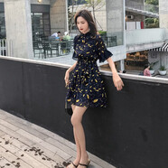 miss nitaly 碎花雪紡連衣裙女春夏新款小眾復(fù)古甜美初戀減齡收腰顯瘦裙子女 藍色短袖 M