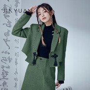金苑（JINYUAN）短款外套女2022冬新款翻領(lǐng)復(fù)古長袖格紋小西裝國潮風(fēng)D225107 綠色 S