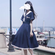 jk制服水手服夏季新款日系氣質(zhì)收腰顯瘦連衣裙女學(xué)生中長款百褶a字裙學(xué)院風(fēng)高級(jí)感甜美洋氣海軍領(lǐng)水手服 藏青連衣裙 M