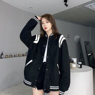 中凡智春秋冬季ins毛呢子棒球服加絨外套男女學(xué)生寬松韓版情侶夾克 黑色 2XL