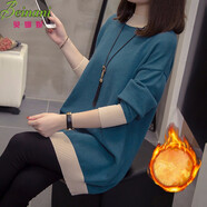 貝娜妮加肥大碼中長(cháng)款針織衫女加絨加厚毛衣胖妹妹寬松200斤打底衫上衣 藍色加絨 XXL建議130-150斤