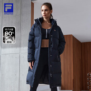 斐樂(lè)（FILA）女子羽絨服長(zhǎng)款冬季鵝絨長(zhǎng)袖保暖連帽運(yùn)動(dòng)休閑外套開衫女裝上衣 深黑-BK XL