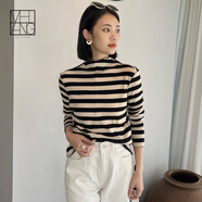美洋（MEIYANG）紙片人條紋系列氣質(zhì)長(cháng)袖黑白肌理針織開(kāi)衫連帽開(kāi)衫圓領(lǐng)半高領(lǐng)外套 黑白紋（半高領(lǐng)） S