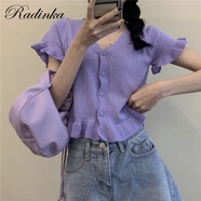 Radinka2025夏新款bm風(fēng)韓版洋氣V領(lǐng)花邊短袖針織衫女短款小清新上衣GSQ 9542 紫色 均碼(70-125斤可穿)