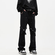 迪伽達設計感牛仔褲男休閑工裝褲高街潮流綁帶微喇直筒褲寬松闊腿長(cháng)褲子 HWFS-z35黑色 XL