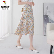 啄木鳥雪紡碎花半身裙女夏中長款2024新款a字裙高腰小個(gè)子顯瘦印花裙子 黃色 后松緊腰 L 105到120