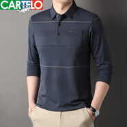 卡帝樂(lè )鱷魚(yú)中老年男士條紋長(cháng)袖T恤翻領(lǐng)春秋季商務(wù)休閑寬松爸爸裝P 深藍 48100-120斤