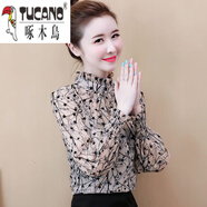 啄木鳥2025新款女上衣洋氣時尚小衫長袖碎花立領(lǐng)打底衫雪紡氣質(zhì)襯衫春秋 杏色 S