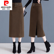 皮爾卡丹（pierre cardin）毛呢半身裙女秋季冬季2024新款包臀裙中長款開叉顯瘦休閑一步裙子 咖啡色 XL 建議116-127斤