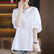 LOVER RUCCI短袖t恤冰絲棉白色女2025夏季新款韓版中長(zhǎng)款遮屁股寬松純棉體恤 白色 L