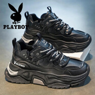 花花公子鞋子男鞋2025秋冬季新款運動(dòng)休閑潮厚底增高老爹鞋男士加絨小白鞋 黑色 39