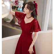 蘭卡·羅妮蘭卡羅妮敬酒服新娘平時可穿結(jié)婚訂婚連衣裙回門小晚禮服蕾絲 酒紅色中長款 2XL