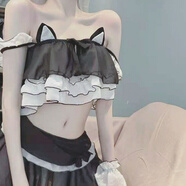 情趣內衣新款小吊帶裙 性感超萌貓咪可愛(ài)荷葉花邊套裝蝴蝶結甜美制服制服誘惑女SM免脫變態(tài) 黑色(上衣+裙子+手繡+發(fā)夾) 均碼 80-120
