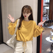 淑女來(lái)兮 初春上衣潮韓版ins秋衣女外穿寬松百搭薄長(cháng)袖t恤秋裝打底衫女秋冬 黃色 985綁帶【優(yōu)質(zhì)版】 L 90-110斤