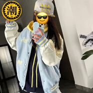 曼迪尚（MANDISHANG）復古美式ins撞色拼接條紋棒球服夾克男女春秋季寬松休閑外套上衣 天藍色 L