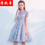 禮服裙女鋼琴演奏演出服女成人歌唱少女聲晚禮服短款宴會(huì)生日晚禮服韓版修身顯瘦主持人派對(duì)小禮服古箏小提琴 銀色 L
