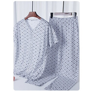 欣尚優(yōu)中老年男士加肥大碼開(kāi)衫系扣短袖長(cháng)睡褲家居服睡衣套裝開(kāi)襟空調衫 白方格 3XL 150-175斤