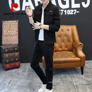 皮爾卡丹（pierre cardin）英倫雅痞風(fēng)格牛仔工作服男裝一套成熟西裝套裝初秋冬2024新款秋裝 黑色【外套+褲子】 XL