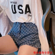 嫻槐新款牛仔短褲網(wǎng)紅褲子女炸街潮牌洋氣滿印花夏季高腰寬松c字 藍(lán)色-牛仔女短褲 L -牛仔女短褲
