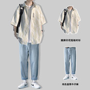 主意范（ZHUYIFAN）胖子超大碼休閑襯衫男士短袖夏季寬松大碼冰絲學生外套襯衣套裝 C351白色+牛仔褲 L (170) 110-130斤