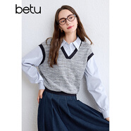 百圖betu女裝秋季新款襯衫小香風(fēng)混色假兩件式襯衣女2409T57 藍色 M