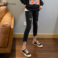 ADVSUS官方品質(zhì)小個(gè)子藍色七分破洞牛仔褲女高腰顯瘦直筒彈力乞丐九分褲 黑色雙破洞-8分 30建議119-128斤