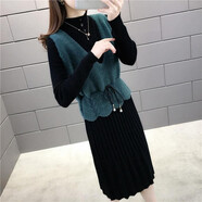 艾珠兒針織連衣裙秋冬季女裝新款韓版時(shí)尚顯瘦套裝裙減齡中長款裙子女 綠色 均碼（建議80-140斤）